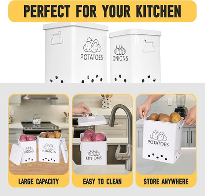 Potato and Onion Storage Bin, Set of 2 Vegetable Storage Tins with Metal Lids & Side Handles, Dual-row Ventilation Holes, Farmhouse Metal Kitchen Canisters Sets, White