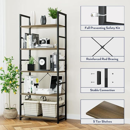 NUMENN 5 Tier Bookshelf, Tall Bookcase Shelf Storage Organizer, Modern Book Shelf for Bedroom, Living Room and Home Office, Dark Walnut