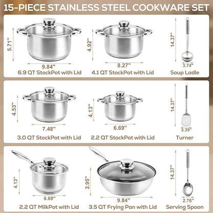 Stainless Steel Cookware Set - 15 Pieces Pots and Pans Nonstick Pot and Pan Set Includes 1 Frying Pans, 5 Pots, 6 Lids and 3 Utensils, with Stay Cooling Handle, Induction & Oven Safe