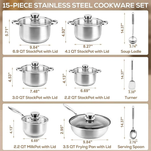 Stainless Steel Cookware Set - 15 Pieces Pots and Pans Nonstick Pot and Pan Set Includes 1 Frying Pans, 5 Pots, 6 Lids and 3 Utensils, with Stay Cooling Handle, Induction & Oven Safe