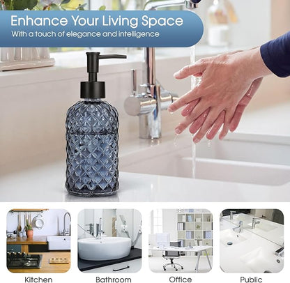 Topsky Gem Glass Soap Dispenser with Black Plastic Pump, 13oz Liquid Hand Soap Dispenser, Rustproof Pump for Kitchen & Bathroom, Great for Lotions, Essential Oil, Liquid Soaps-Grayish Blue