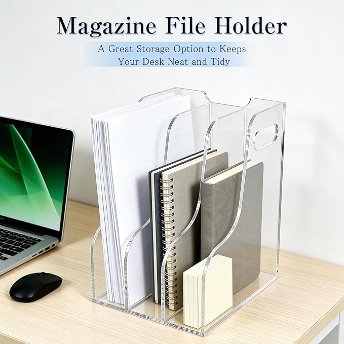 3-Tier Clear Acrylic File Holder, Vertical Document Organizer for Magazines, Binders, Notebooks & Envelopes - Multi-Purpose Desk Storage for Home Office（A4,3 Sections）