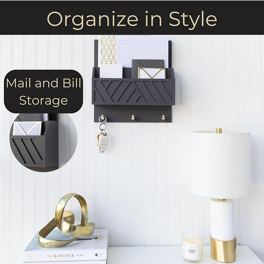 BLU MONACO | Wall-Mounted Mail and Key Holder in Grey Wood | Two-Tier Mail Organizer with Gold Hooks | Entryway Command Center for Home or Office