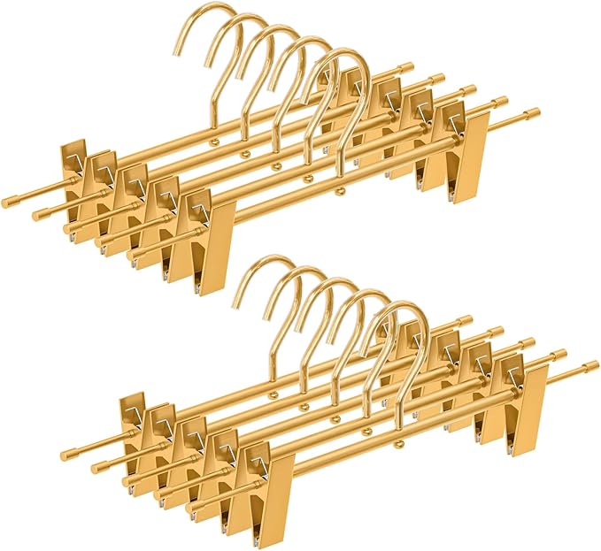 Matte Gold Aluminum Pants Hangers with 360°Swivel Hooks & Non-Slip Adjustable Clips, Lightweight, Durable, Space-Saving Closet Organizer for Trousers, Skirts, Jeans, Scarf, Kids&Adults, 10 Pack