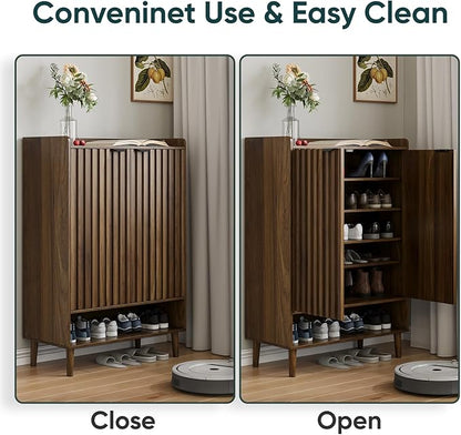 Smuxee Walnut Shoe Cabinet with Fluted Doors, 6-Tier Shoe Storage Cabinet with Adjustable Shelves, Freestanding Shoe Organizer Cabinet for Entryway, Hallway, Closet, Living Room