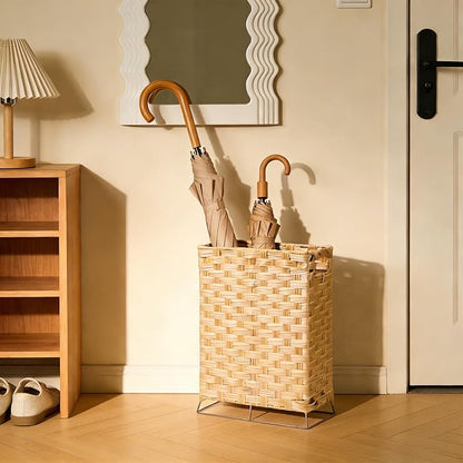 Rattan Umbrella Stand with Built-in Water Reservoir & Hooks, Hand Woven Umbrella Rack Organizer Freestanding - Stable, High-Capacity Organizer for Home and Office - 11.8" L x 5.5" W x 16.5" H