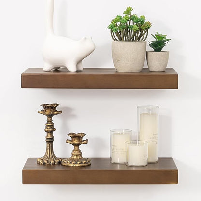 Marsmiles Wood Floating Shelves | Rustic Dark Wood Wall Shelves Set of 2 | 16" W x 7.7" D x 1.6" H Dark Wooden Shelves for Bathroom Living Room Kitchen