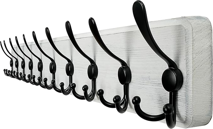 WEBI Coat Rack Wall Mount,38 9/16" Long,10 Hooks,Large Coat Hooks Wall Mounted,Coat Hanger Wall,Farmhouse Wood Hook Rack Rail,Triple Hooks for Hanging Coats,Clothes,Jacket,Black/White