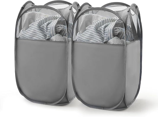 TECHMILLY Pop Up Foldable Laundry Basket, Mesh Laundry Hamper with Reinforced Handles for Dirty Clothes Storage in Dorm, Laundry Room, Bathroom, Grey(Fabric), 2 Pack