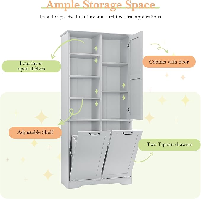 Merax Cabinet with Tilt-Out Laundry Hamper Basket, Tall Bathroom Storage Organizer Linen with Open Shelf for Home, Freestanding, Gray