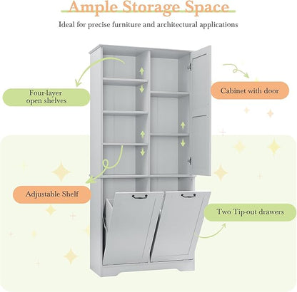 Merax Cabinet with Tilt-Out Laundry Hamper Basket, Tall Bathroom Storage Organizer Linen with Open Shelf for Home, Freestanding, Gray