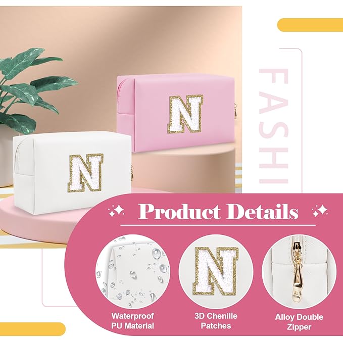 Small Personalized Initial A-Z Preppy Patch Makeup Bag,White PU Chenille Letter Travel Cosmetic Pouch with Zipper,Cute Toiletry Bag,Gift Ideal for Teen Girls Women Teacher Bridesmaid,Letter N