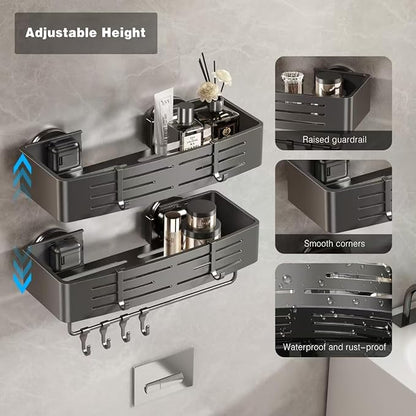 Voldra Adhesive Shower Caddy, 2 Pack Shower Shelves for Inside Shower No Drilling, Aluminum Stick On Showers Organizer with Towel Bar & Hooks Removable Bathroom Shelf Storage Rack(Gray)
