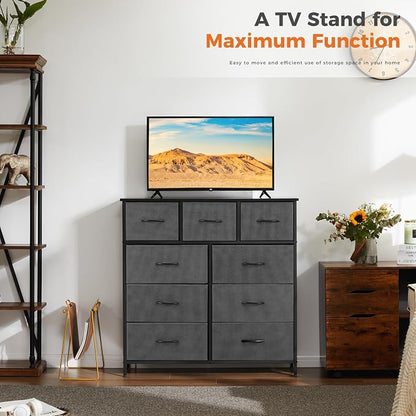 Sweetcrispy 9 Drawer Fabric Dresser Tall Chest Storage Organizer Tower with Cabinet Metal Frame and Wood Top Lightweight Closet Furniture for Bedroom, Charcoal Grey