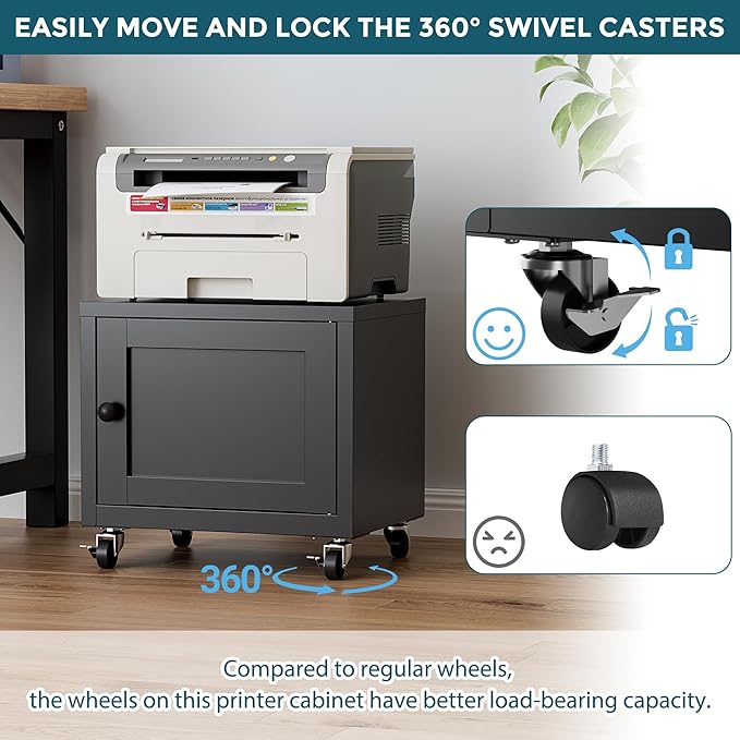 Small Printer Stand with Storage, Home Office Printer Table for Small Spaces, Under-Desk 3D Printer Stand with Wheels, for Office Copier and Fax Machine, Black