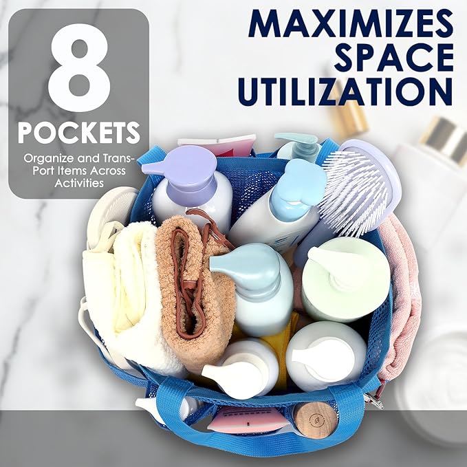 GYEUKHAM Mesh Shower Caddy Portable for College Dorm, Quick Dry Hanging Shower Bag with 8 Pockets, Bathroom Tote Organizer for Gym, Travel, Camping, Blue