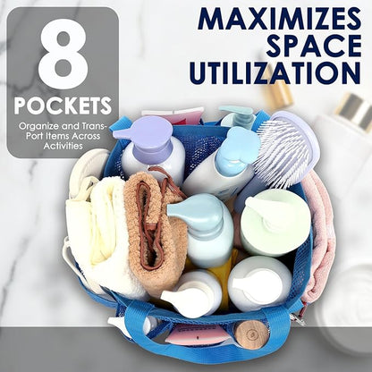 GYEUKHAM Mesh Shower Caddy Portable for College Dorm, Quick Dry Hanging Shower Bag with 8 Pockets, Bathroom Tote Organizer for Gym, Travel, Camping, Blue