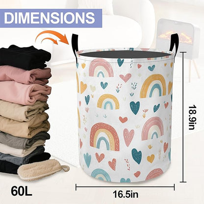 Laundry Basket,Cartoon Rainbow Large Canvas Fabric Lightweight Storage Hamper Organizer Dirty Clothes Collapsible Waterproof for College Dorms,Bathroom
