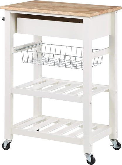 OSP Home Furnishings Hampton Kitchen Cart with Wood Top, Utensil Drawer, Under Cabinet Basket, and 2 Slatted Shelves, White Base