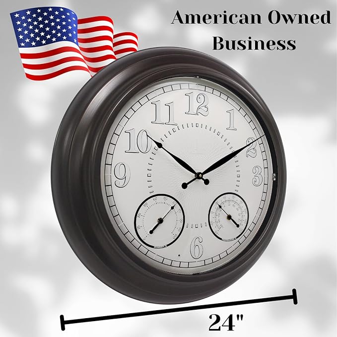 24 inch Illuminated Outdoor Clock for Patio, Waterproof with Thermometer - Large Night Light Wall Clock with Smart LED Sensor, Temperature and Humidity - Weatherproof & Easy to Read for Patio & Home