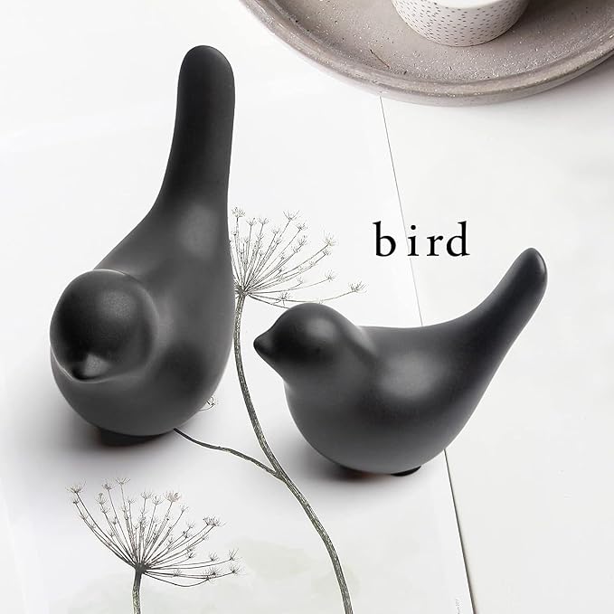 WhimWove 2 Pcs Ceramic Small Bird Figurines Modern Animal Statues for Home 、Room Decor and Bedroom Decor and Bookshelf Display (Black)