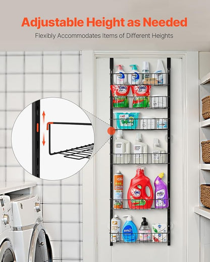 VEVOR Over the Door Pantry Organizer, 6-Tier Pantry Organization and Storage, Heavy-Duty Steel Hanging Spice Rack, Adjustable Wall Seasoning Shelves, for Home Kitchen Laundry Room Bathroom, Black