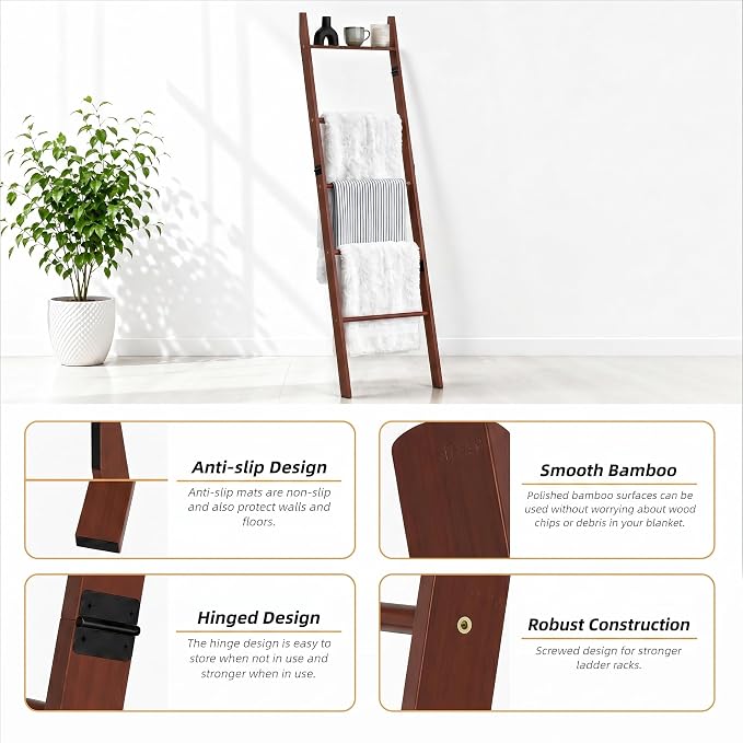 6 Tier Brown Blanket Ladder with Shelf, Wooden Blanket Rack for Living Room, Leaning Towel Ladder Rack for Bedroom, Bathroom, Quilts, Throws, Towels and Farmhouse Décor