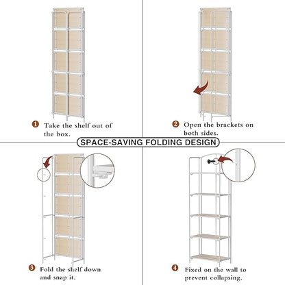 Crofy No Assembly Folding Bookshelf for Living Room, 5 Tier White Collapsible Book Shelf for Home Office, Portable Bookcase Storage Organizer