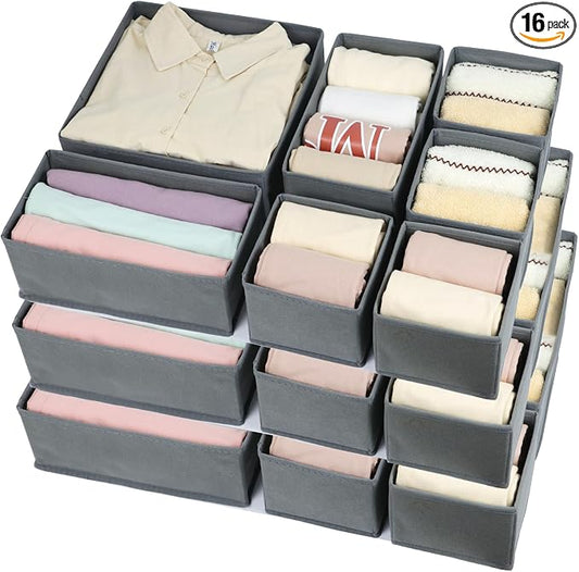 Fordonral 16 Pack Drawer Organizer Clothes, Foldable Fabric Dresser Organizer Closet Organizers and Storage Box for Underwear,Folded Clothes,Baby Clothing,Socks,Bra,Towels,Ties(Gray)