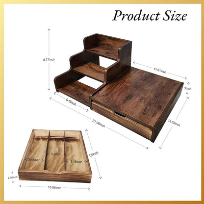 Wood Coffee Bar Organizer Station with Syrup Rack and Capsule Drawer, 3 Tier Coffee Syrup Organizer for Countertop, Coffee Station Organizer with Storage for Coffee Pods, Espresso Machine Stand Shelf
