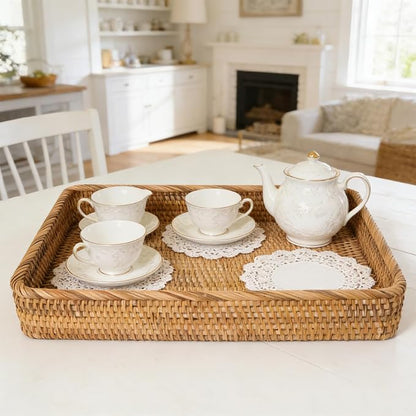 Wicker Storage Tray, Rattan Basket Rectangular for Bathroom Living Room, Decorative Serving Woven Trays Wicker Baskets for Organizing Home Decor L(15.7" × 11")