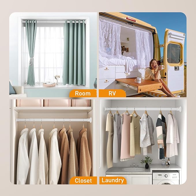 White Adjustable Closet Rod 18-77 Inches, Heavy Duty Metal Clothes Hanging Rod, Rust-Proof Non-Slip Wardrobe Bar for Closet, Laundry Room, RV