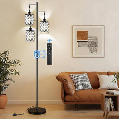 New Upgraded 72" Tall Dimmable Floor Lamp, 3 x 800LM 9W LED Bulbs Included, Farmhouse Standing Lamp with Remote Control, Industrial Tree Pole Floor Lamps for Living Room, Bedroom, Study Room - Black