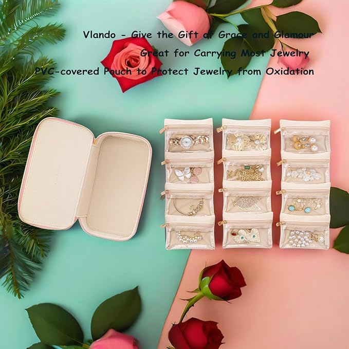 Vlando Travel Jewelry Box Organizer - 12 Small Velvet Zipped Pouches Pockets for Jewelries Necklaces Rings Earrings Sorting Storage, Rosy Mauve