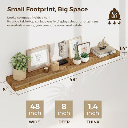 Rustic Wood Floating Shelves for Wall Decor, Reclaimed Elm Wood Live Edge Shelves 48 Inch Long, 8 Inch Deep Floating Shelf for Living Room Bathroom Bedroom, 48 x 8 Wall Shelves Set of 1, Natural Color