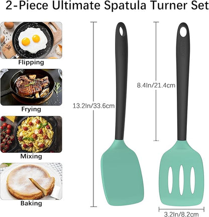 Coukre Silicone Kitchen Cooking Utensils Set with Holder – Heat-Resistant, Food-Grade Kitchen Tools, Spatula, Spoon & Gadgets for Non-Stick Pans, Dishwasher Safe (2, AquaGreen)