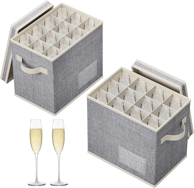 Lifewit 2 Pcs Champagne Flute Storage Box with Dividers, Stackable Cationic Hard Shell Stemware Containers with 24 Cells, Foldable Dustproof China Containers for Moving, Light Grey, 31 x21x28cm