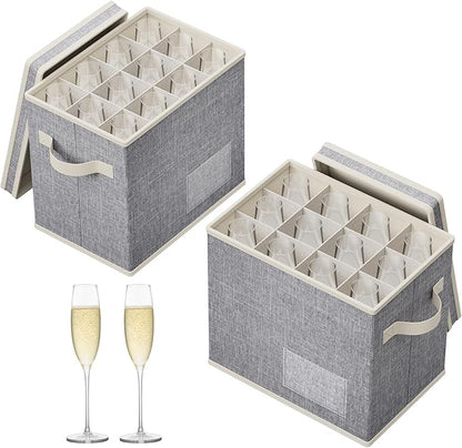 Lifewit 2 Pcs Champagne Flute Storage Box with Dividers, Stackable Cationic Hard Shell Stemware Containers with 24 Cells, Foldable Dustproof China Containers for Moving, Light Grey, 31 x21x28cm