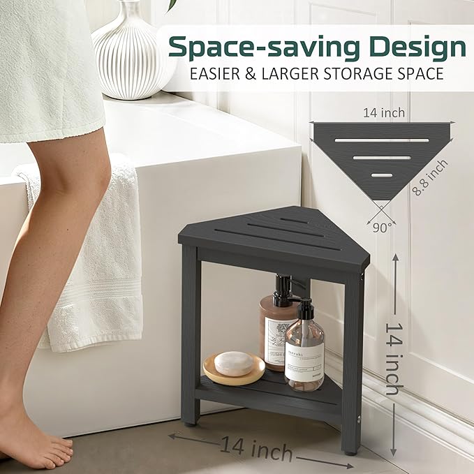 Shower Foot Rest 14in, HDPE Waterproof Shower Stool for Inside Shower, Corner Shower Stool for Shaving Legs with Storage Shelf, Shower Step Stool for Small Space, Plastic Corner Shower Bench, Black