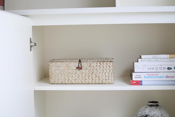 3 Section Seagrass Storage Basket, Handmade Shelf Baskets with Lid for Bathroom/Closet/Livingroom