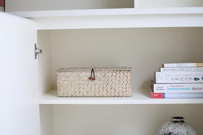 3 Section Seagrass Storage Basket, Handmade Shelf Baskets with Lid for Bathroom/Closet/Livingroom