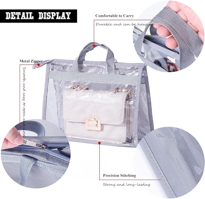fazhongfa 2PCS Dust Bags for Handbags Clear Purse Storage Organizer Non-Woven Hanging Bag Closet with Zipper and Handle (Medium, Light Grey)