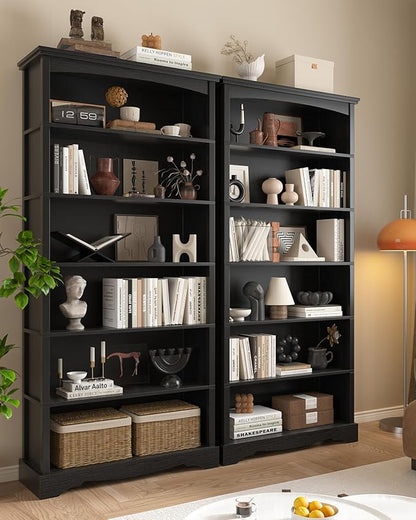 TVU 6-Tier Wooden Bookshelf, 76 Inch Tall Bookshelf with Storage, Floor Standing Modern Style Display Bookcase for Living Room, Office, Study Room, Entryway, Black