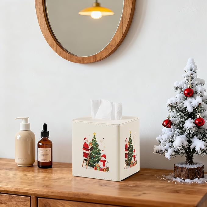 Square Christmas-Themed Tissue Box Cover with A Magnetic Bottom,A Stylish Leather-Decorated Tissue Holder for Living Rooms, Bedrooms, and Office Desks (White Square)