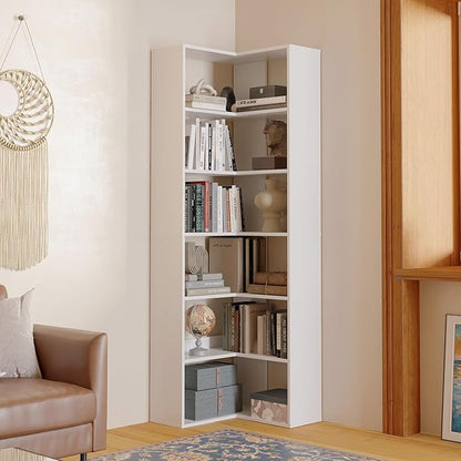 MXV 71.5" Tall L-Shaped Corner Bookshelf, 6-Tier 23.6" Wide Wooden Bookcase with Storage Organizer, Display Shelf for Home, Office, Living Room (23.6")