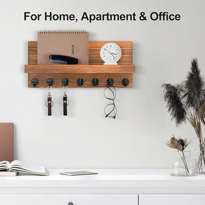 Key Holder Wall Mount, Entryway Key and Mail Holder with 7 Sturdy Hooks for Sunglasses, Dog Leash, Decorative Wall Shelf with Mounting Hardware, 15”W x 6.7”H x 4.2”D