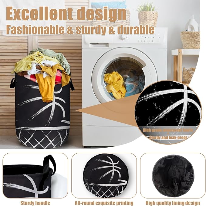 Black Basketball Laundry Basket, Foldable Sport Ball Theme Laundry Hamper Tote Bag Dirty Clothes Storage Bucket Toy Organizer for Bathroom/Laundry/Bedroom 15.7"x19.6"