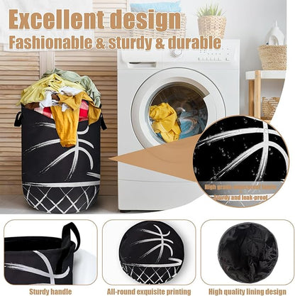 Black Basketball Laundry Basket, Foldable Sport Ball Theme Laundry Hamper Tote Bag Dirty Clothes Storage Bucket Toy Organizer for Bathroom/Laundry/Bedroom 15.7"x19.6"