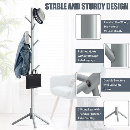 Haddockway Wooden Coat Rack Stand with 8 Hooks New Zealand Pine 3 Adjustable Coat Standing Tree Easy Assembly for Coats, Hats, Scarves and Handbags for Entryway, Hallway, Bedroom, Office