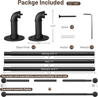 Zeerobee Curtain Rods for Windows 32 to 48, 1 Inch Industrial Wrap Around Black Curtain Rod, Indoor/Outdoor Room Divider Adjustable Drapery Pole, 32"-48"